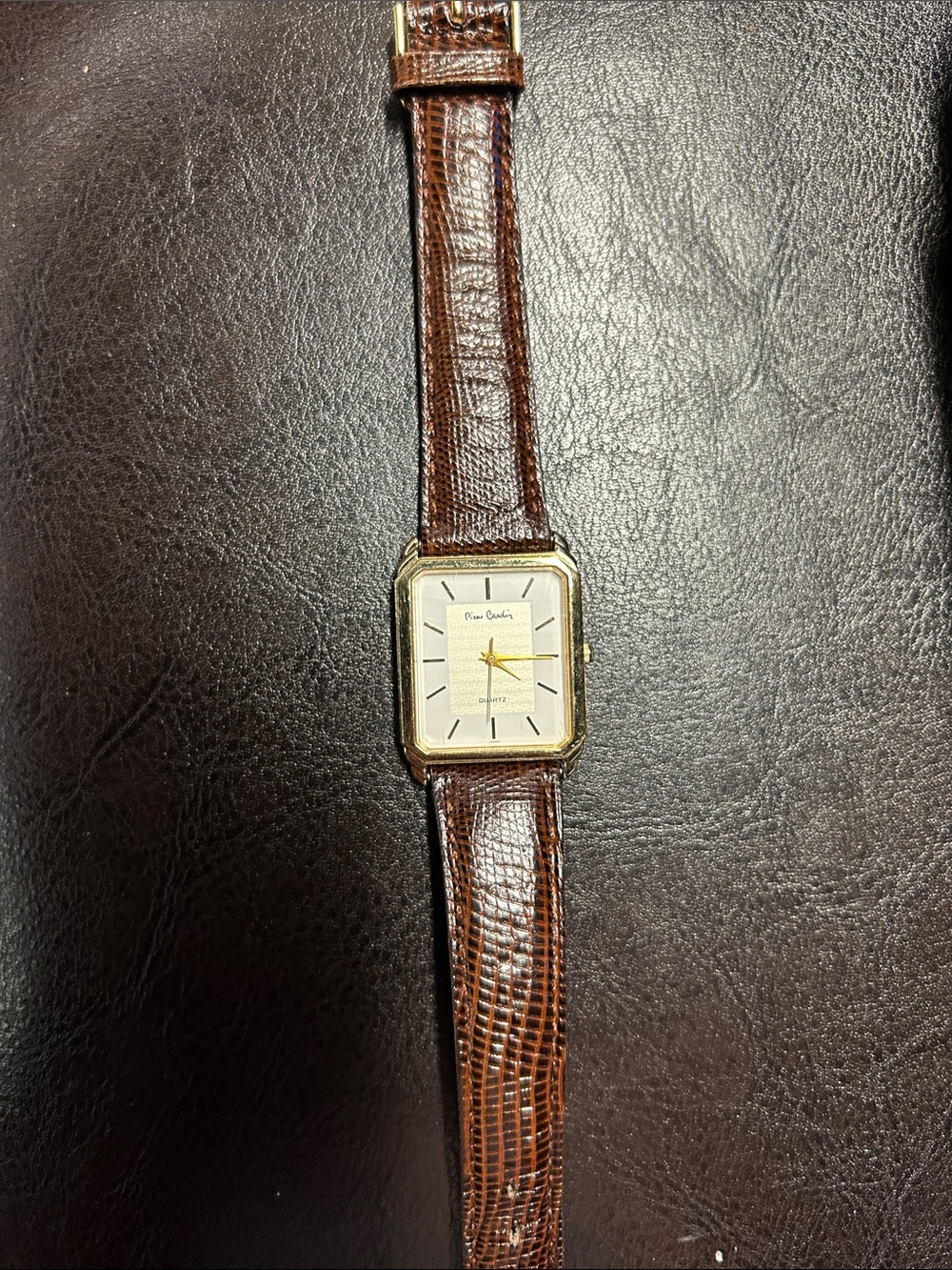 Pierre Cardin Gold Tone Square Watch with Brown Leather Strap
